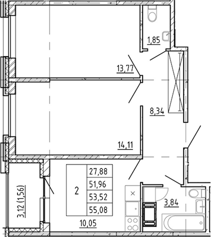 2-комнатная квартира 51.96 м², 8/12 эт., ЖК «Полис Новоселье»